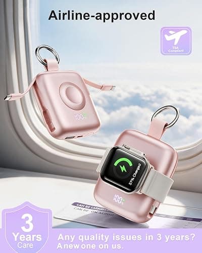 Portable Charger 3 in 1, Smaller 10000mAh Built-in Cables 22.5W Power Bank | Travel Essentials, Fast Charging Keychain Battery Pack for iPhone17/16/15/14/13, Android, iWatch Ultra/11/10/9/8, Pink thumbnail 10
