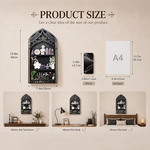Trinket Shelf, Gothic Decor for Wall, Goth Room Decor, Crystal Display | Crystal Display Shelf, Goth Wall Decor, Vintage Decor, Wooden Gem Stone Rock Storage Holder, Goth Gifts thumbnail 3