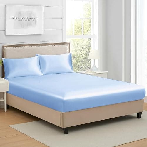 Full Silk Satin Fitted Sheet, Soft Deep Pocket Single Bottom Bed Sheets Sold Separately, Wrinkle Free, Non- Fading, Breathable, Fully Elasticized(Full Size, Light Blue) - Image 1