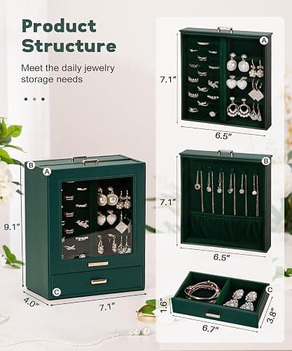 Homde Jewelry Organizer Girls Women Jewelry Box for Necklaces Rings Earrings Christmas Gift Bracelets Storage Case (Forest Green + Gold) thumbnail 3
