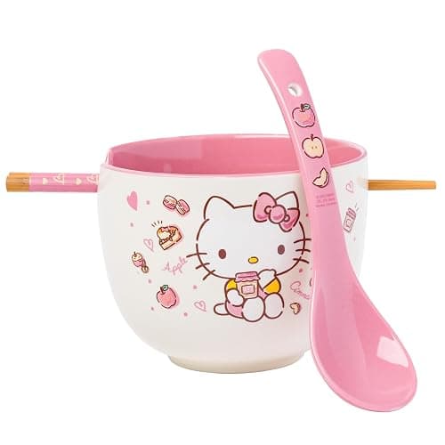 Silver Buffalo Sanrio Hello Kitty Apples and Cinnamon Ceramic Ramen Noodle Rice Bowl with Chopsticks and Spoon, Microwave Safe, 20 Ounces - Image 1