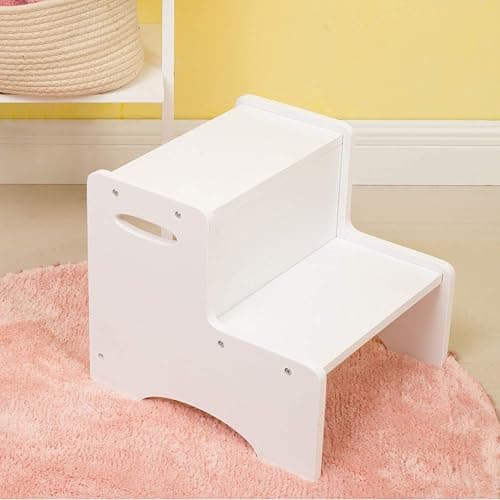 WOOD CITY Toddler Step Stool, Wooden 2 Step Stools for Bathroom Sink Potty Training Kitchen Dual Height Stool Helper for Kids Bonus Non-Slip Pads and Handles for Safety (White) thumbnail 3