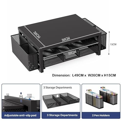 2 Tier Monitor Stand Riser with Drawer & 2 Pen Holders Storage for Desktop, Metal Computer Desk Organizer Stand for Laptop, Computer, iMac(Black) thumbnail 2
