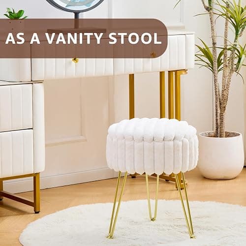 Wimarsbon Vanity Stool with Storage, Faux Fur Ottoman Chair with Metal Legs, Round Makeup Vanity Chair for Bedroom or Dressing Table, Modern Small Ottoman Seat (White) thumbnail 3