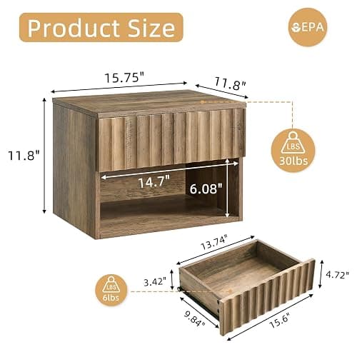 BuildHom Floating Nightstand with Fluted Drawer - Modern Wall Mounted Bedside Table with Open Storage Shelf, Small Night Stand TV Stand for Bedroom(Rustic Brown, Set of 2) thumbnail 2
