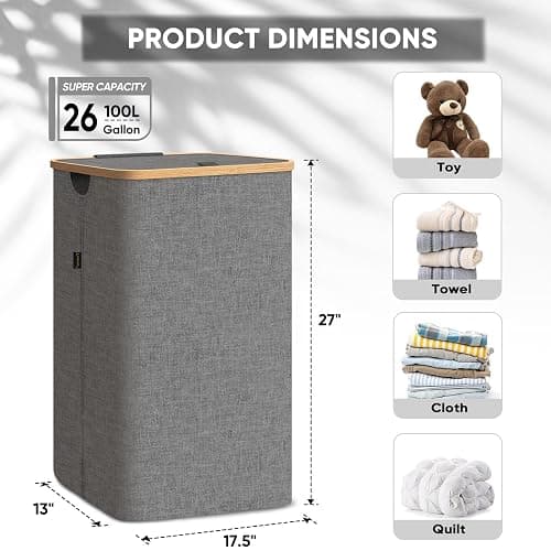 BALEINE Laundry Hamper with Lid, Tall Laundry Baskets with Bamboo Pull Handles, Large Laundry Bin with Internal Support (26 Gal/100L, Grey) - 26 Gal/100L - Grey thumbnail 2
