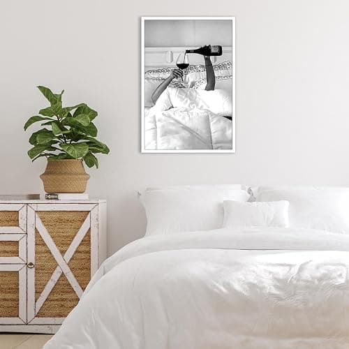 Quark Vintage Feminist Wall Decor Funky Black and White Canvas Wall Art Aesthetic Posters Trendy Woman Drinking Wine in Bed Print - Photo for Tavern Bar She Shed Man Cave Home Bar 12x16in Unframed thumbnail 2