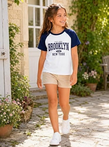Ecolala Girls Shirts Crew Neck Contrast Raglan Short Sleeve Bow Graphic Tees Cotton Casual Cute Summer Tops thumbnail 5