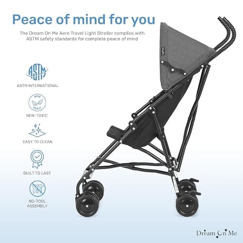 Dream On Me Aero Travel Umbrella Stroller, One-Hand Quick Fold, 3-Point Safety Harness, Dual Brakes, Adjustable Removable Canopy, Lightweight Compact & Space-Saving for Infants and Toddlers – Black thumbnail 6