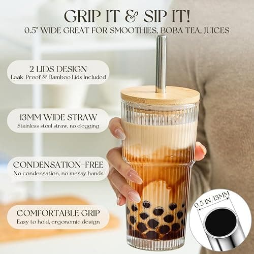 KEMORELA 20oz Ribbed Glass Tumblers with Bamboo Lids & Straws, Boba Cups | Stainless steel straws, bamboo & leak-proof dual lids. 13mm wide straw. Vintage. For boba, iced coffee, smoothies & travel. thumbnail 8