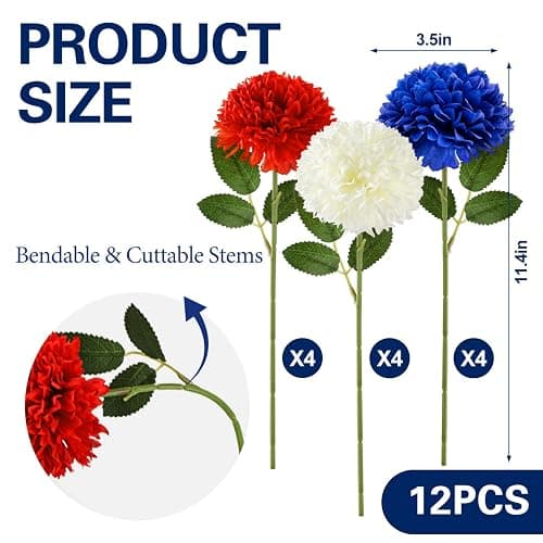 Yunfan 4th of July Decorations Patriotic Decor 12Pcs Artificial Flowers Red White and Blue for Independence Memorial Veterans Labor Fourth of July Home Party Centerpiece Vase thumbnail 3