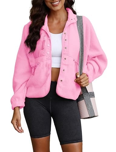 ReachMe Womens Sherpa Jacket Casual Lapel Button Down Cropped Fuzzy Fleece Jackets Long Sleeve Winter Coats with Pockets thumbnail 6
