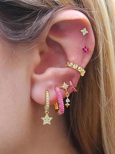Gold Earring Set, 6Pcs 14K Gold Plated Colorful Stack Cubic Zirconia Pink Heart Dainty Statement Elegant Earrings Copper Nickel Free Hypoallergenic Non Tarnish Jewelry Gift For Women thumbnail 5