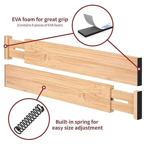 Vinsani Bamboo Drawer Dividers Set of 4 Expandable Drawer Organiser Expandable Adjustable 42-56 cm Spring-Loaded Drawer 2.4in High Separator Partitions for Kitchen Utensils Clothes Tools Home Office thumbnail 5