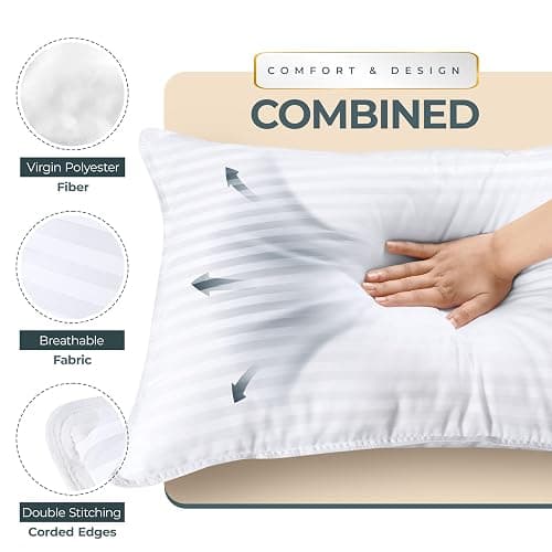 Utopia Bedding Hotel Bed Pillows for Sleeping, Pillows Queen Size Set of 2 | Down alternative pillows, cooling hotel quality, luxury comfort for back, side & stomach sleepers, Premium Stripes, White thumbnail 5