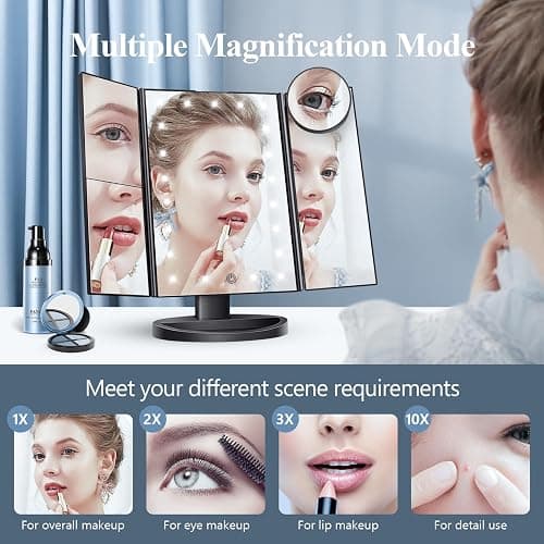 HUONUL 2X/3X/10X Magnifying Vanity Mirror with Light, Trifold Makeup Mirror | Touch Dimming, Dual Power, Clear View for Makeup, Skincare. Dorm Room Essentials. Birthday Gifts for Women, Mom, Wife, Girls thumbnail 2