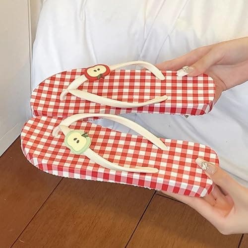 Umhje Whimsy Twee Plaid Flip Flops for Women Whimsical Funky Double Apple Slippers Y2K Kawaii Grunge Cozy Beach Shoes thumbnail 5
