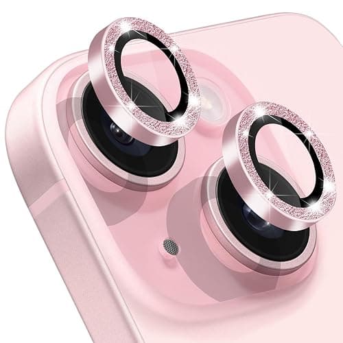 Hsefo Compatible with iPhone 15 & 15 Plus Camera Lens Protector, Bling Glitter 9H Tempered Glass Camera Cover Anti Scratch Shockproof Screen Protector Individual Metal Lens Ring - 2PCS Glitter Pink - Image 1