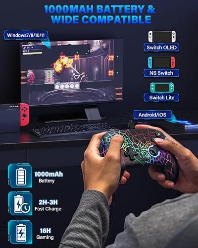Switch Controller, Wireless Pro Controller Compatible with Nitendo Switch/Switch 2/Switch Lite/Switch OLED, Switch Controller Pro, Rechargeable Switch Remote Gamepad with 6-Axis Gyro,10 LED Light thumbnail 5