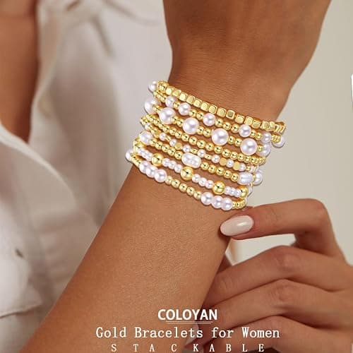 COLOYAN 10PCS Gold Bracelets for Women Stack, Cross Beaded Strand Bead Ball Stackable Gold Bracelet, Pearl Beaded Bracelets Elastic Bracelet Set thumbnail 2