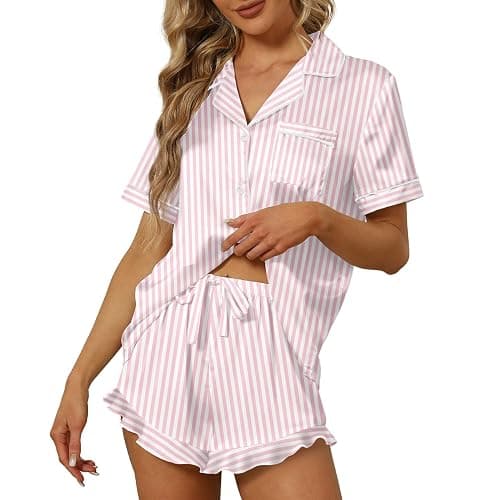 SAPJON Satin Silk Pajamas for Women 2Pcs Ruffle Notch Collar Sleepwear Button Down Short Sleeve Shorts Pjs Set Loungewear - Image 1