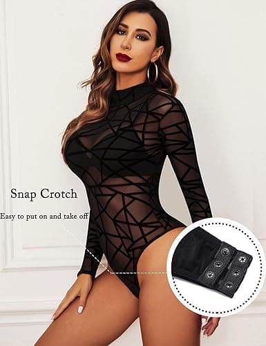 Avidlove Long Sleeve Bodysuit for Women Turtleneck Sheer Mesh Bodysuit Geo Print Leotards thumbnail 3