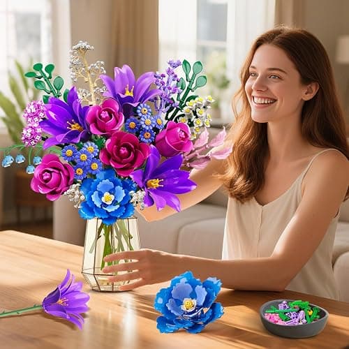 CUBIMANA Flowers Bouquet Building Set with LED Light, 21 Flower Botanical Collection Building Block Toy, Rose Lily Home Plant Decor 1054PCS for Her Adults Women Kids Girls 12+ (Purple) thumbnail 4