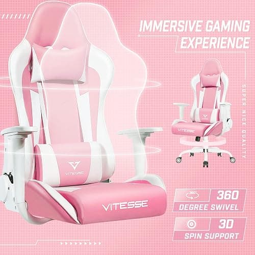 Pink Gaming Chair for Girl, Cute Kawaii Racing Office Desk Chair,Adjustable High Back Swivel Leather Game Chair with Lumbar Support and Headrest thumbnail 3