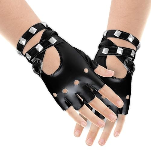 Skeleteen Fingerless Faux Leather Gloves - Black Biker Punk Gloves with Belt Up Closure and Rivet Design for Teens and Kids thumbnail 5