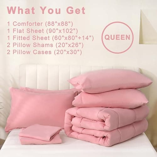 DOWNCOOL Queen Comforter Set, 7 Pieces Bedding Sets Queen Pink, All Season Down Alternative Bed in a Bag Queen with Comforter, Flat Sheet, Fitted Sheet, 2 Pillow Shams & 2 Pillowcases thumbnail 6