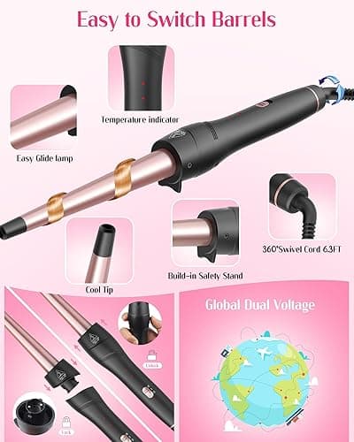 ANIEKIN 5 in 1 Curling Iron Set, Fast Heat Up Curling Wand from 3/8 to 1 1/4 Inch and a Thermal Brush Come with, Dual Voltage Hair Curler for Women All Hair Types and Travel Use, Gifts for Women thumbnail 7
