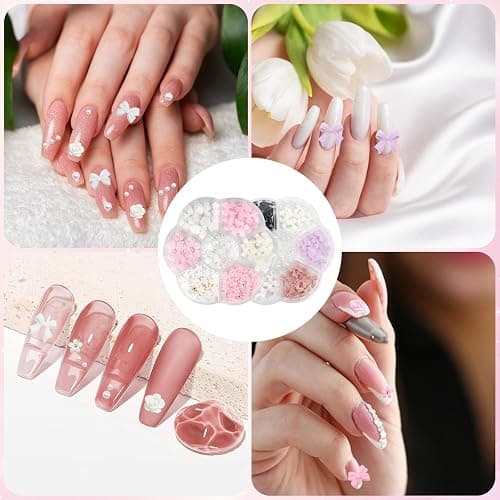 VEGCOO Nail Art Dekoration, 3 Teile Nail Charms 3D Rosa Weiße Schleife Blume Nagelsticker Blumen Gepaart Mit Perlen Nagel Steine Zum Heimwerken Charms Nägel Lifting Nail Art Charms thumbnail 7