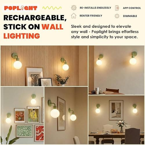 Poplight Wireless Wall Sconce (Shark Tank) Rechargeable & Dimmable LED Light w/App Control & Damage-Free Install, Moveable Modern Ambient Lighting for Elegant Home & Bedroom Decor | Sage Green thumbnail 2