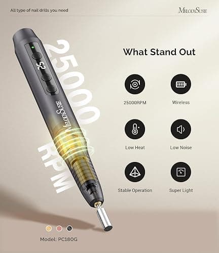 MelodySusie Cordless Nail Drill, PC180G 25,000RPM Rechargeable Electric Nail File with Nail Drill Bits,Sanding Bands thumbnail 4