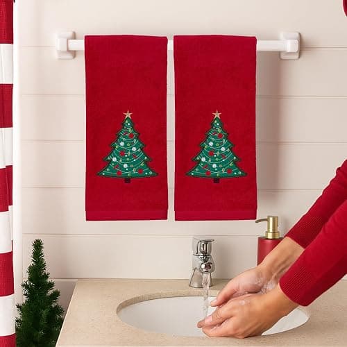 Serafina Home Christmas Red Bathroom Hand Towels, 2 pc Set, 16 x 25, Elegant Christmas Tree, 100% Cotton Velour Terry, Holiday Decor for Bath and Kitchen thumbnail 6