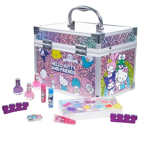 Hello Kitty & Friends - Townley Girl Train Case Makeup Set for Kids, Includes Lip Gloss, Eye Shimmer, Nail Polish, Brushes, and More! Perfect for Parties, Sleepovers, and Makeovers. Non-Toxic, Ages 3+ - Image 1