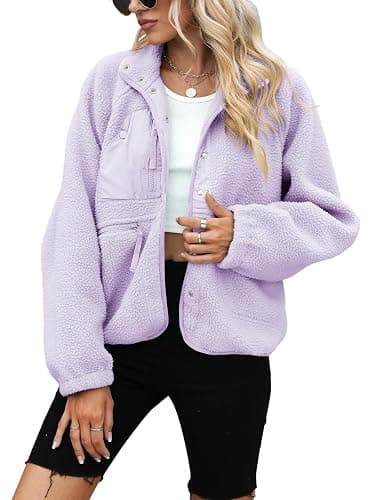 Yanekop Womens Fleece Jacket Fuzzy Long Sleeve Short Winter Coats Button Down Sherpa Jacket Outerwear with Pockets thumbnail 2
