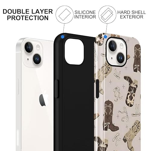 Vulfwela for iPhone 13/iPhone 14 6.1'' Brown Bow Cowgirl Western Phone Case | 2 in 1 Retro Fall Cowboy Star Boot Pattern Aesthetic Boho Case Scratch-Resistant Shockproof Protective Cover for Women Girls thumbnail 2