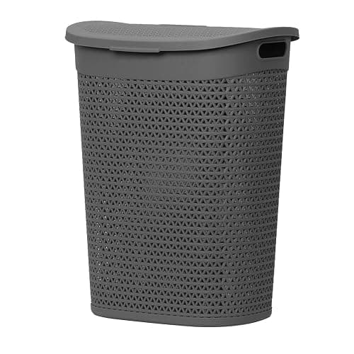 60L Laundry Basket with Lid - Large Plastic Washing Basket with Handles - Heavy-Duty Rattan Laundry Bin Hamper Clothes Storage Organiser for Bedroom & Bathroom - Grey, 60 Litre - Image 1