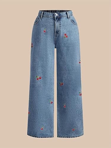 Gold Toucher Women Casual Cute Cherry Denim Pant Y2K Sweet Wide Leg Jeans thumbnail 5