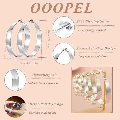 OOOPEL 10mm Wide 925 Sterling Silver Hoops Earrings for Women, 14K Real Gold Plated Hoop Earrings for Women Hypoallergenic Lightweight Oversize Big Gold Hoop Earrings Jewelry Gifts 30/40/50/60MM thumbnail 3