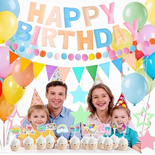 Pre-Strung 3D Felt Happy Birthday Banner Decorations, Macaron Color Birthday Decorations Felt Pom Pom Garland Triangle Fabric Banner Balloons Hanging Swirl Cake Toppers For Girls Boys Women Men Handmade Reusable Birthday Decorations Supplies thumbnail 6
