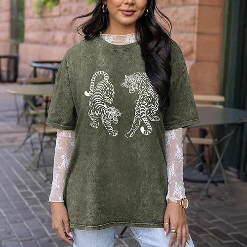 Weetiotio Tiger Graphic Tees Shirt for Women Oversized Streetwear Shirts Acid Wash Tshirt Tigers Print Cotton Summer Tops thumbnail 5