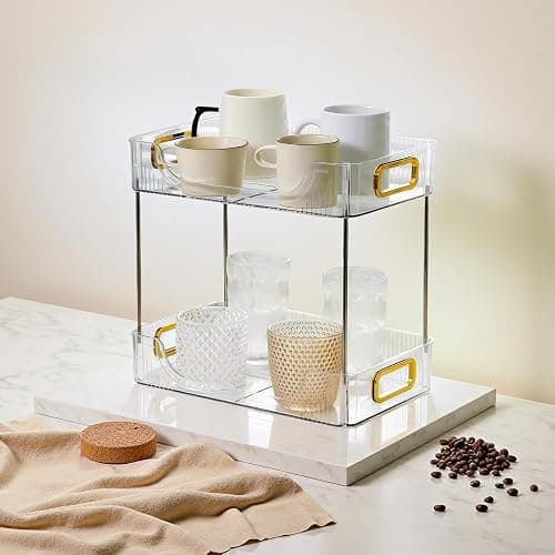 YOFAPA Bathroom Shelf Organiser, Double Layer Bathroom Countertop Organizer with Gold Handles, Clear Plastic Washroom Tray Organizer, Removable Storage Rack for Skincare and Toiletries thumbnail 2