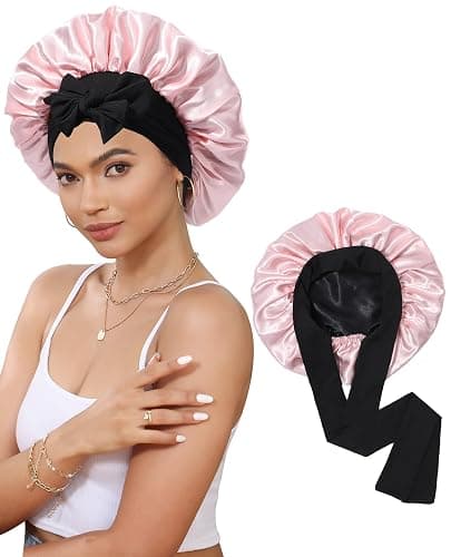 Satin Bonnet Silk Bonnet for Sleeping Silk Sleep Cap Double Layer Hair Bonnet with Elastic Tie Band for Curly Hair Night Cap (Black + Peach Pink) - Image 1