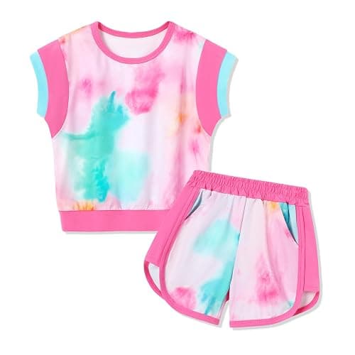 SANMIO Toddler Girl Clothes 2025 Summer Toddler Girls Color Block Short Sleeve Shorts Sweatsuit Outfits - Tie-dye Hot Pink - 2-3T - Image 1