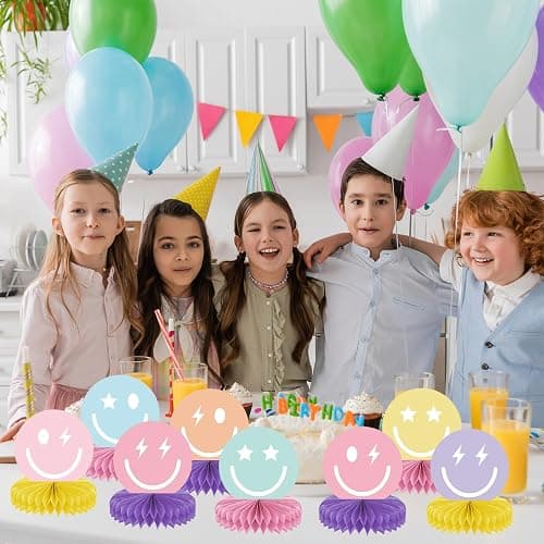 9PCS Smile Face Honeycomb Centerpieces Preppy Smile Face Table Decorations Happy Pastel Birthday Party Supplies for Colorful Rainbow Birthday Themed Bachelorette Decor Favor thumbnail 6