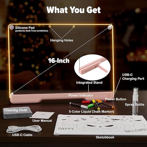 16-Inch Rechargeable Doodle Glow LED Note Board, 7-Color Light Modes, Neon Art Dry Erase Light Up Drawing Pad with Built-in Stand, Sketching Gift Toy for Kids/Girls/Teens, 5 Markers & Tracing Book thumbnail 2