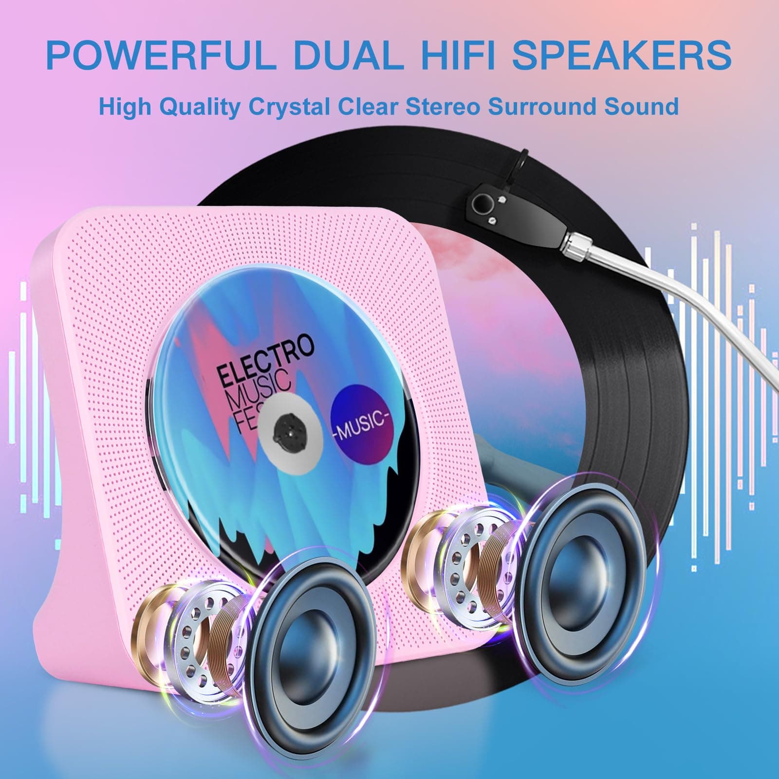 Pink CD Player Bluetooth, Portable Desktop CD Player with Speakers | Kpop Music Boombox with Bluetooth/FM Radio/AUX/USB Input, Timer Setting, LED Display, Small Cute CD Player Gift for Kids thumbnail 9