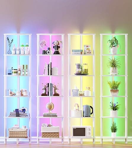 VIMBER Corners Shelf with LED Light, 6-Tier Corner Bookshelf, Industrial Corner-Ladder Shelf, Modern Display Shelf for Living Room, Bedroom, Kitchen, Home Office, Sturdy Frame, White UJSJ002W thumbnail 3